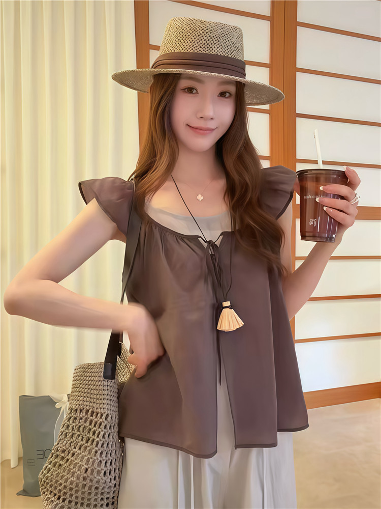 실사 한 부서 달콤함 외국 가스 레이스업 Feifei 소매 작은 셔츠 조끼 슬립 투피스 세트