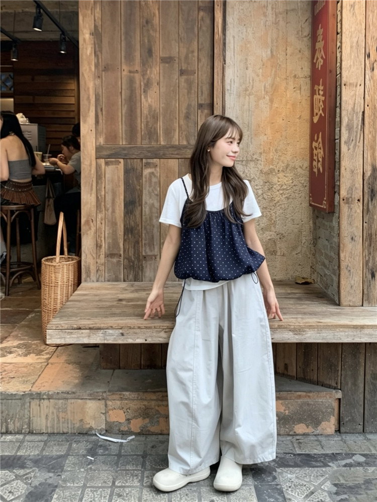실사 벨트 단색 반팔 티셔츠 도트 무늬 캐미솔 투피스 세트