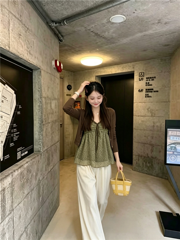 실사 한국 스타일 출퇴근 바람 루즈핏 꽃무늬 슬립 맨위 얇은 스타일 자외선 차단 카디건 코트 투피스 세트