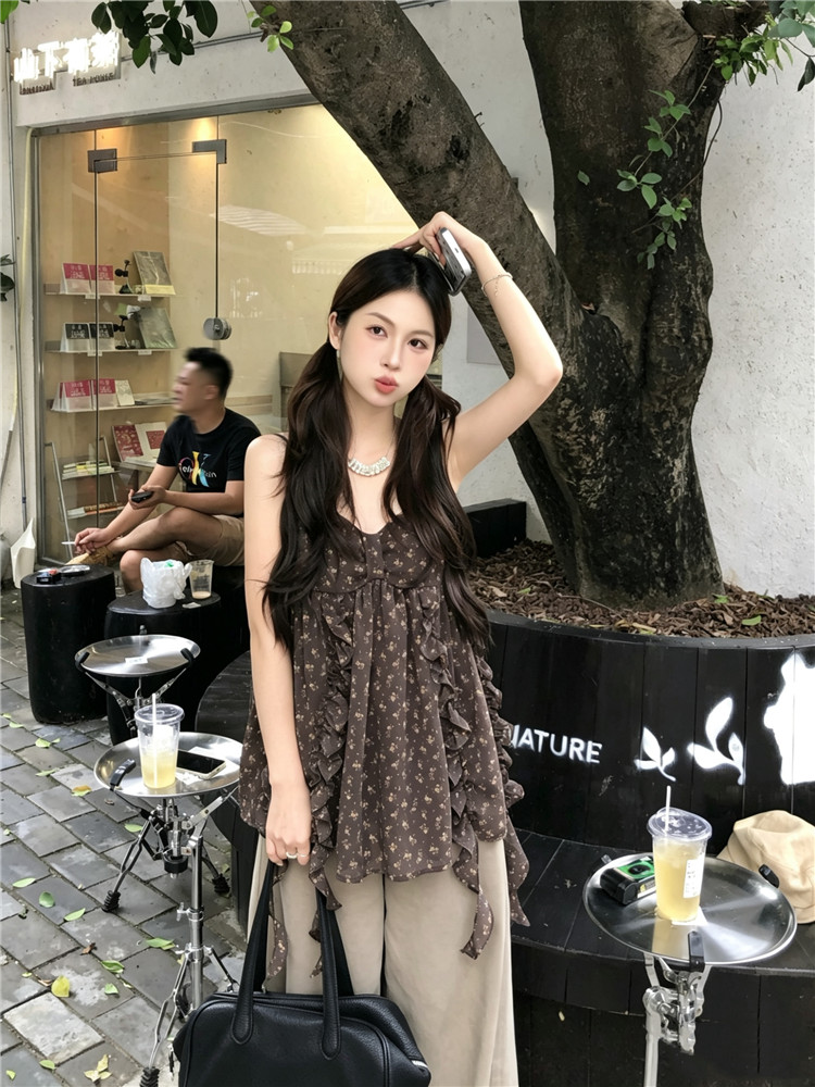 실사 휴가 바람 디자인 센스 꽃무늬 캐미솔 프릴 민소매 맨위 여름 차가운 센스 와이드 레그 팬츠