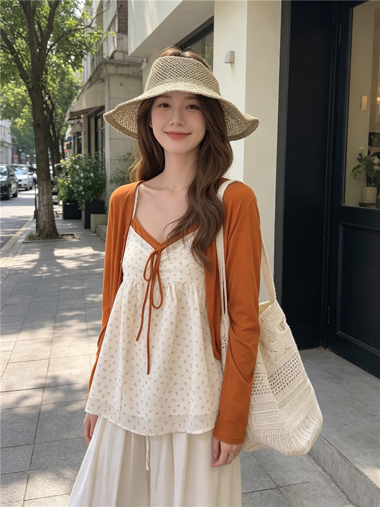 실사 한국 스타일 출퇴근 바람 루즈핏 꽃무늬 슬립 맨위 얇은 스타일 자외선 차단 카디건 코트 투피스 세트