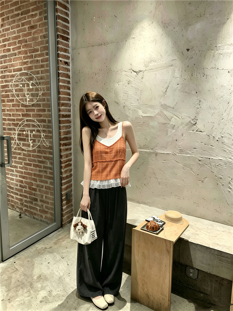 실사 한 부서 작은 청신 대나무 마디 체크무늬 슬립 스택 착용 화이트 이중층 레이스 밑단 작은 셔츠 투피스 세트