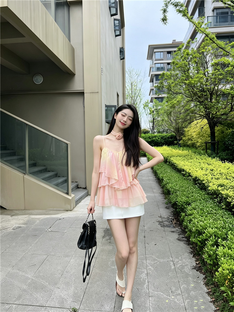 실사 그라데이션 색상 쉬폰 블라우스 다중 레이어 불규칙 디자인 센스 슬림해 보이는 맨위