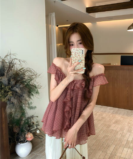 실사 프랑스식 레트로 체크무늬 루즈핏 불규칙 프릴 느슨함 센스 맨위 쉬폰 블라우스