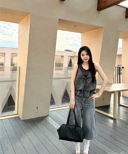 실사 한 부서 체크무늬 패치워크 민소매 조끼 디자인 센스 캐주얼 행침 목 페이크 레이어드 맨위
