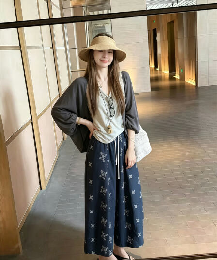 실사 한 부서 조끼 오픈 가디건 프린트 와이드 레그 팬츠 3종 세트 여름 자외선 차단 느긋한 바람 세트