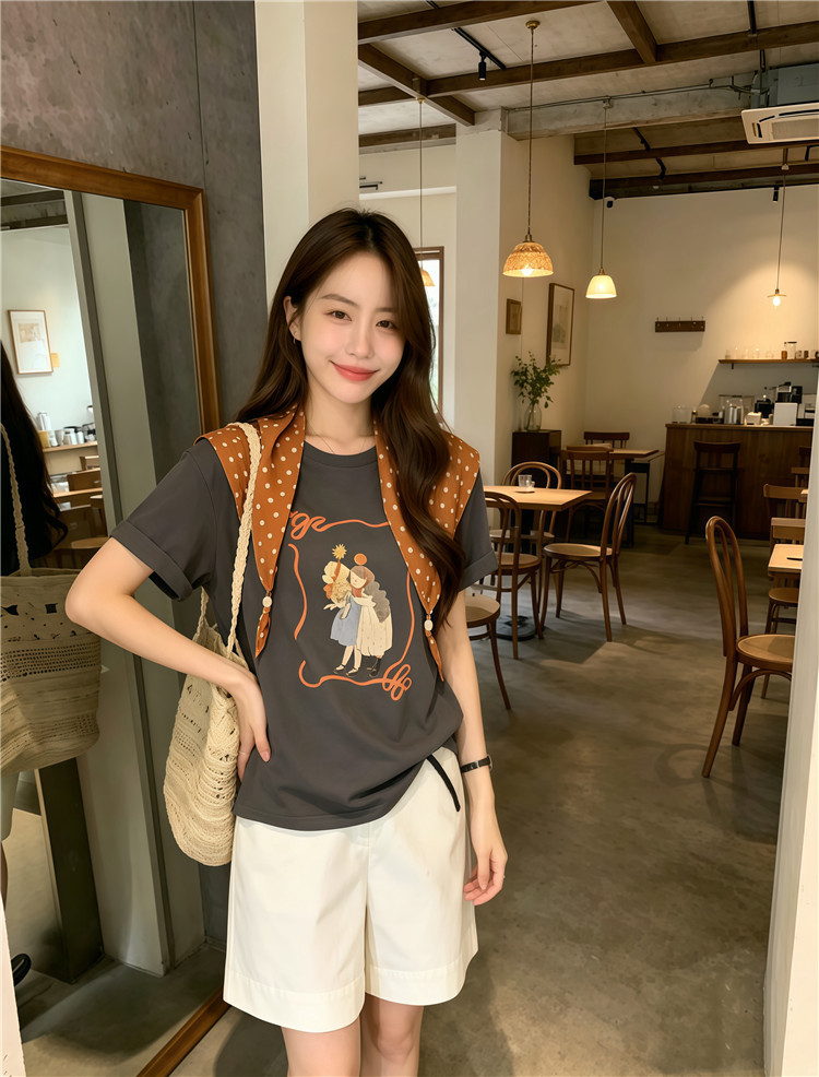 실사 한 부서 프린트 스카프 배색 디자인 센스 반팔 티셔츠 맨위 투피스 세트