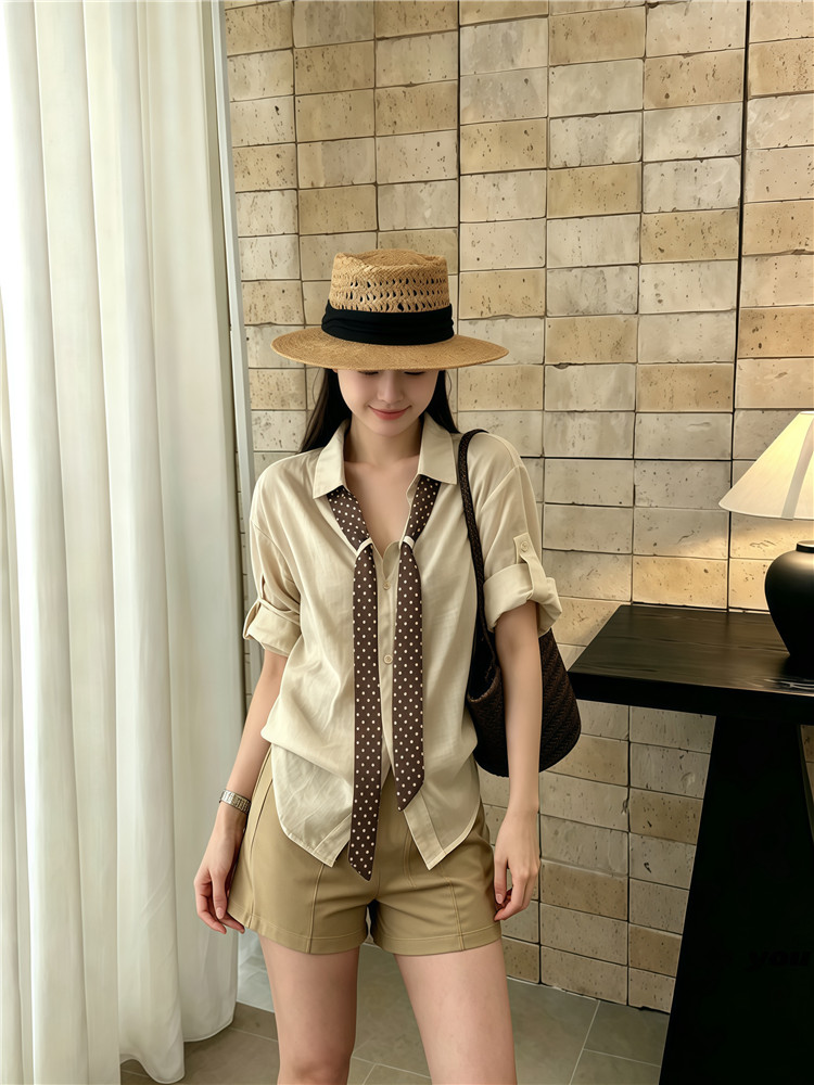실사 여름 새로운 레트로 도트 무늬 스카프 볼륨 측면 루즈핏 셔츠