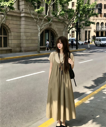 실사 한 부서 반팔 티셔츠 스택 착용 슬립 드레스 롱 스커트 보내기 스카프 3종 세트