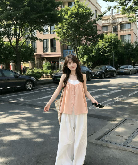 실사 한 부서 연령 감소 레이스업 민소매 슬립 작은 셔츠 스택 착용 투피스 조끼 도루 센스 와이드 레그 팬츠