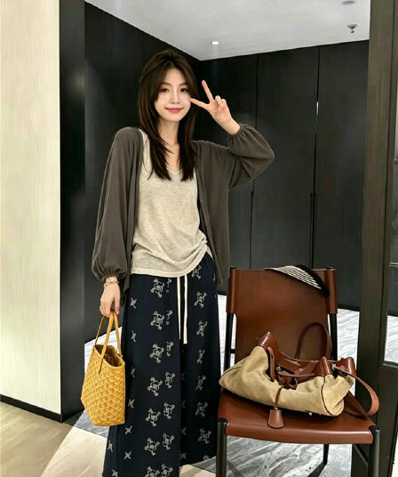 실사 한 부서 조끼 오픈 가디건 프린트 와이드 레그 팬츠 3종 세트 여름 자외선 차단 느긋한 바람 세트
