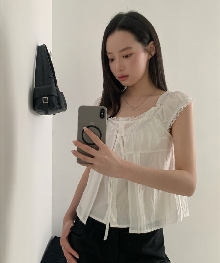 실사 레이스 레이스 페이크 레이어드 셔츠 레이스업 반팔 맨위 여성