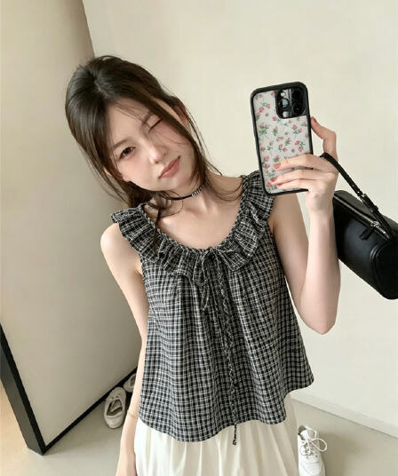 실사 한 부서 체크무늬 프릴 캐미솔 핫걸 작은 셔츠 맨위 여성