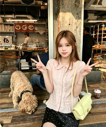 실사 베이비 칼라 플리츠 프릴 새로운 허리 수축 맨위 여름 작은 셔츠