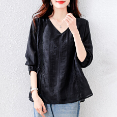 批发L-5XL黑色大码V领提花2025春秋季长袖小衫显瘦遮肉上衣女