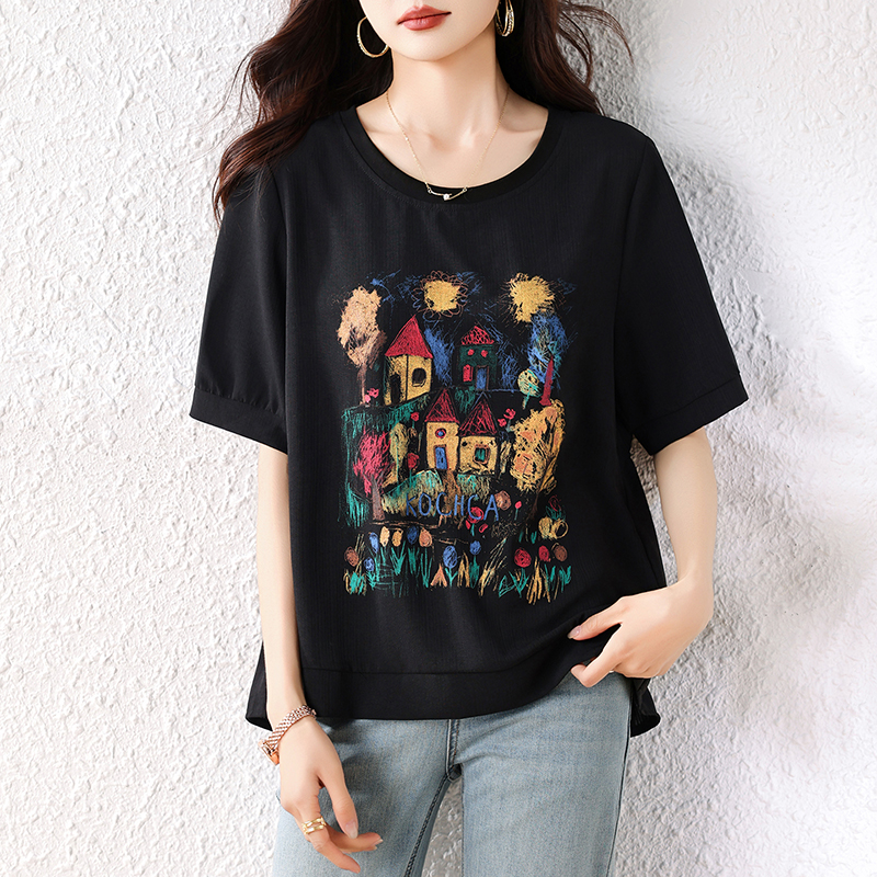 실사 l-5xl 있음 선적 2026 여름 빅 사이즈 프린트 반팔 허리 수축 슬림해 보이는 한국 스타일 루즈핏 다용도 맨위