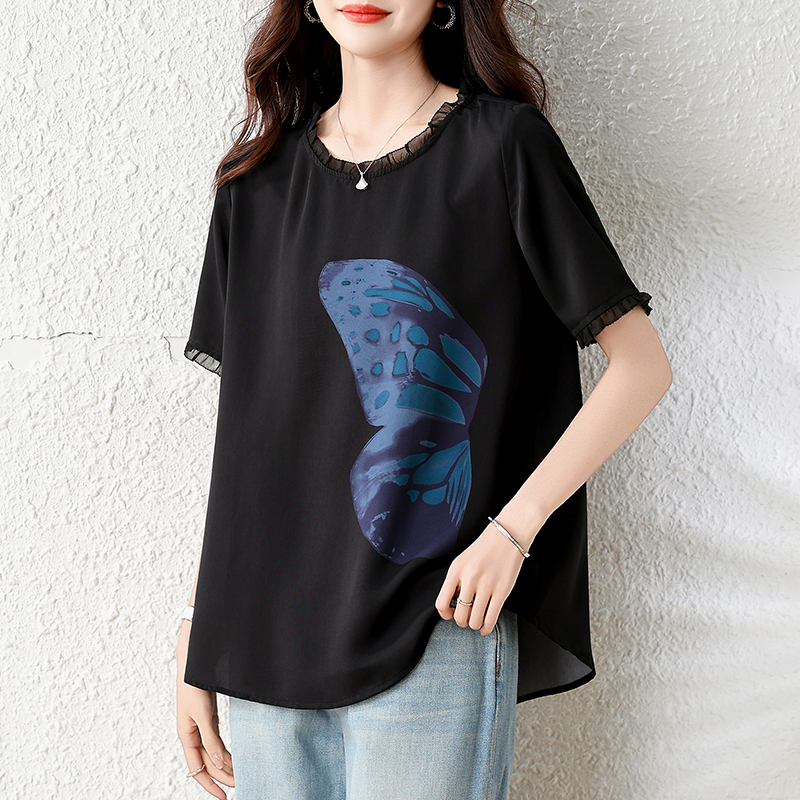실사 l-5xl 새로운 2026 검정색 라운드 넥 맨위 여성 여름 창의적인 디자인 센스 프린트 빅 사이즈 맨위