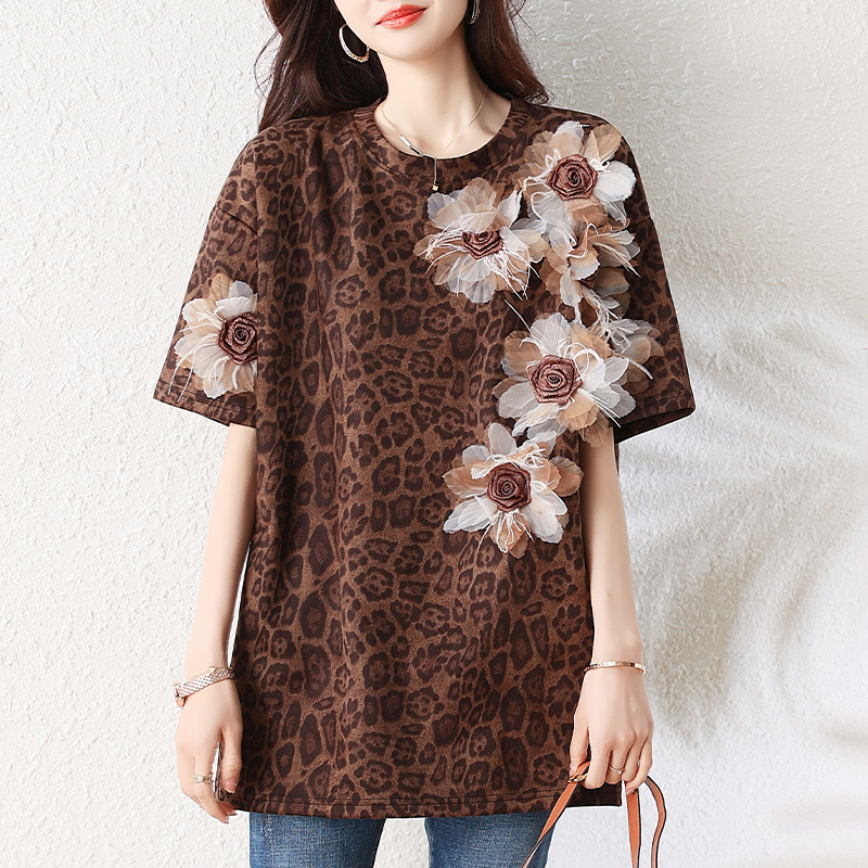 실사 l-5xl 여름 새로운 레오파드 무늬 3 차원 꽃 반팔 티셔츠 루즈핏 통기성 맨위