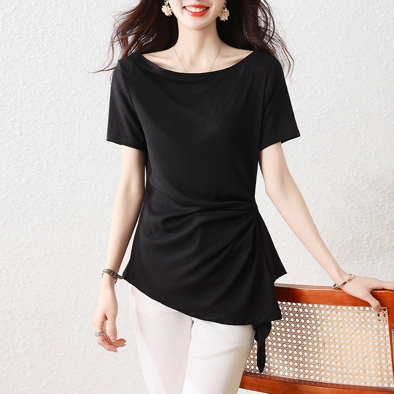 실사 l-5xl 지방 mm 여름 새로운 플리츠 허리 수축 비스듬한 언더 바르게 되다 어깨 반팔 풀오버 맨위 티셔츠