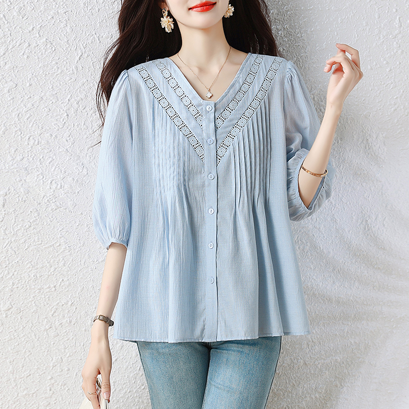 l-5xl 빅 사이즈 여성 의류 2026 여름 V넥 플리츠 쉬폰 블라우스 표지 고기 슬림해 보이는 루즈핏 반팔 셔츠 맨위