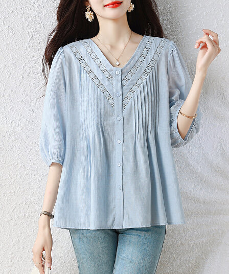 l-5xl 빅 사이즈 여성 의류 2026 여름 V넥 플리츠 쉬폰 블라우스 표지 고기 슬림해 보이는 루즈핏 반팔 셔츠 맨위