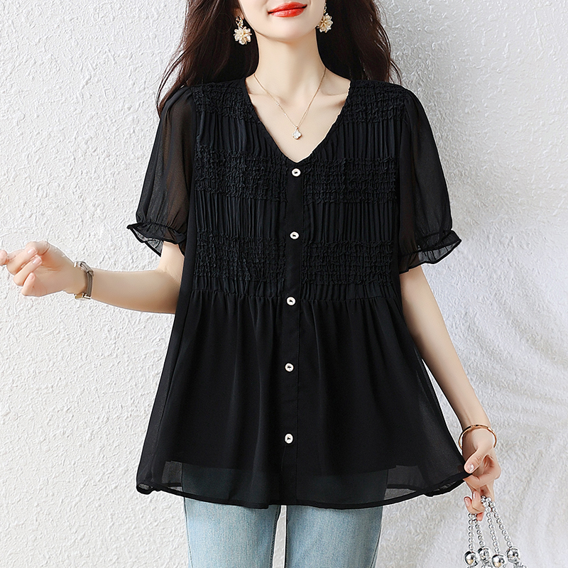 l-5xl 통통한 여동생 여름 드레스 2026 새로운 V넥 쉬폰 블라우스 빅 사이즈 표지 배 슬림해 보이는 루즈핏 반팔 맨위