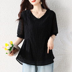 批发L-5XL黑色<b class='q'>大码</b>上女夏装宽松显瘦V领中袖竖纹褶皱轻薄透气<b class='q'>雪纺衫</b>