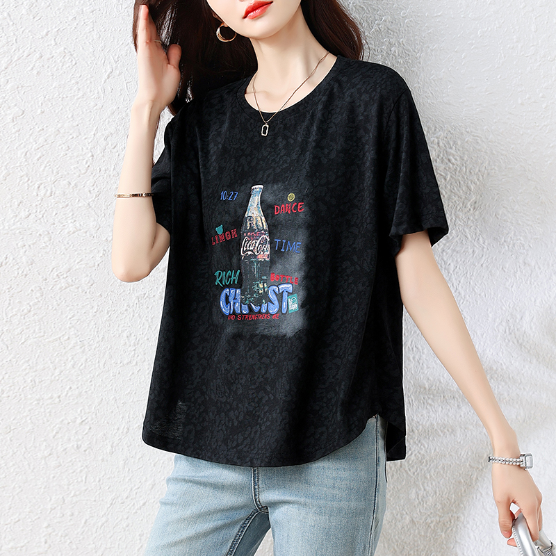 l-5xl 여름 새로운 여성 루즈핏 빅 사이즈 반팔 티셔츠 홀치기 염색 음료 병 프린트 라운드 넥 맨위