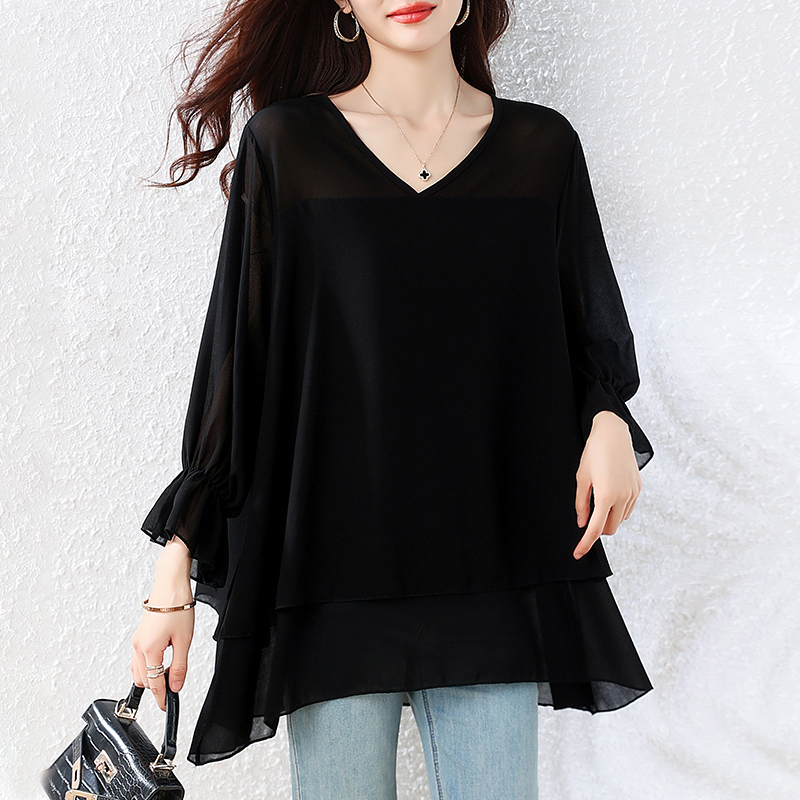 l-5xl 뒤로 나비 디자인 패션 V넥 중간 길이 나팔 반팔 여성 2026 여름 얇은 스타일 슬림해 보이는 맨위