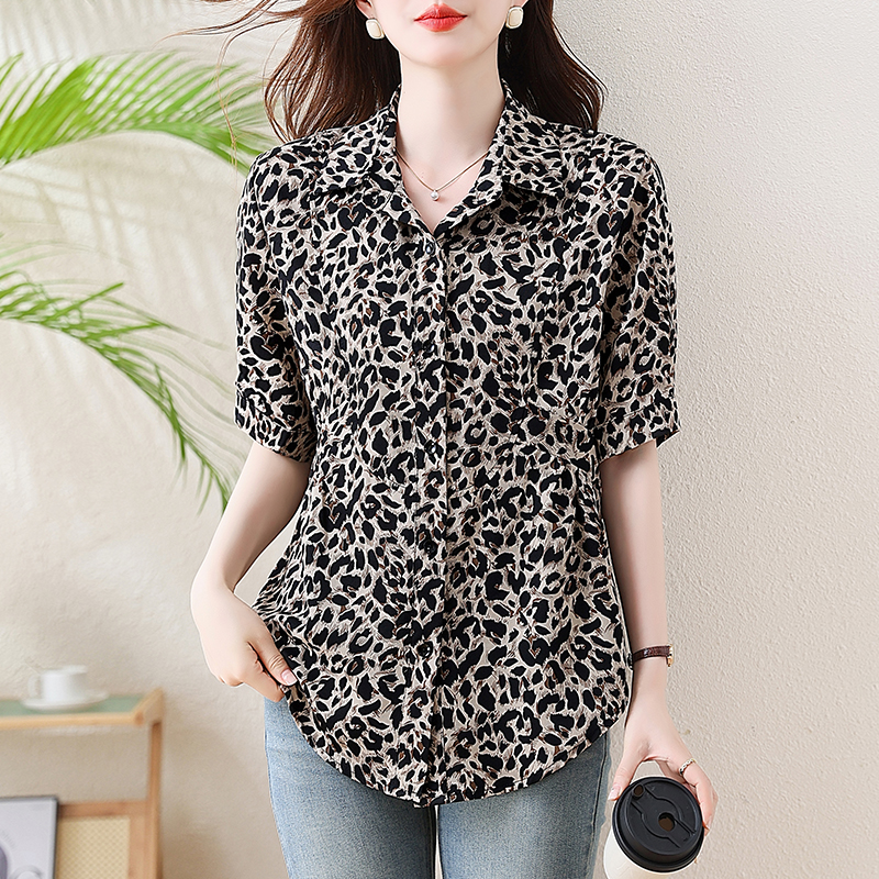 l-5xl 유럽 역 여름 레오파드 무늬 루즈핏 패션 품격 여성용 짧은 소매 셔츠 빅 사이즈 루즈핏 표지 배 맨위