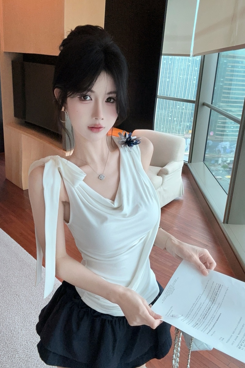 FA27557# 荡领绑带设计感小众背心女白色显瘦气质上衣 服裝批發女裝批發服飾貨源