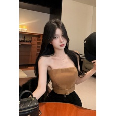 批发实拍实价  纯欲辣妹设计感收腰紧身显瘦<b class='q'>百搭</b>毛毛皮带抹胸上衣女