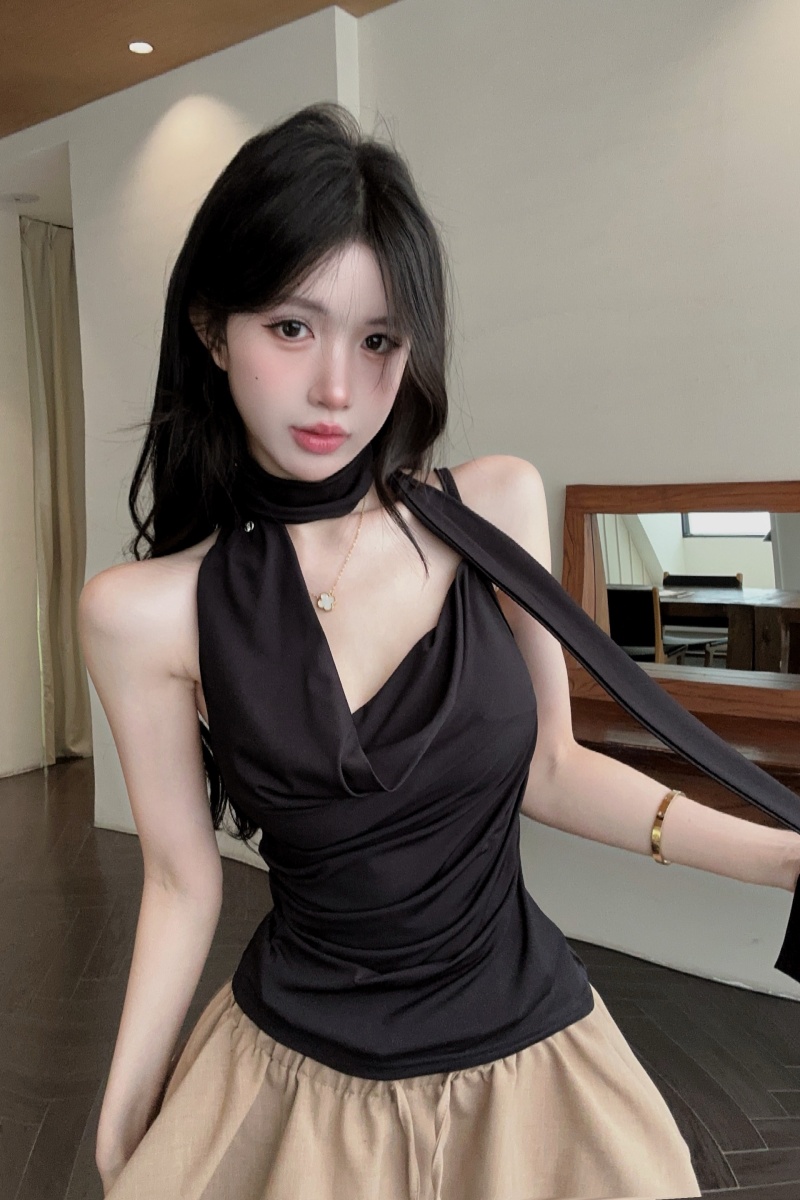 실사 정가 연회 주인공 흔들다 칼라 리본 조끼 여성 여름 외출용 불규칙 민소매 맨위 다용도 치마바지