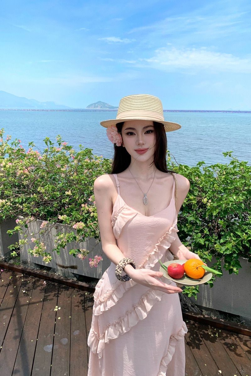 실사 정가 여름 낭만주의 V넥 프릴 드레스 해변가 휴가 바람 품격 롱 스커트 분위기 센스
