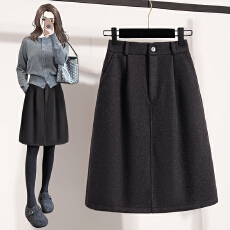 实拍大码女装胖MM2025秋冬新款时尚休闲深灰色中款毛呢半身裙