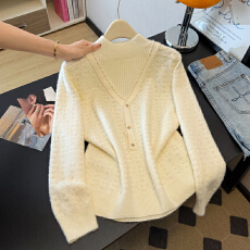 批发实拍<b class='q'>秋</b>冬加厚假两件大码半高领温柔风高级感提花针织衫打底上衣女