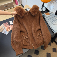 批发实拍<b class='q'>大码</b>慵懒洋气可脱卸毛领显瘦<b class='q'>针织衫</b>温柔软糯百搭连帽开衫毛衣