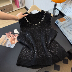 批发实拍大码新增黑色重工钉珠洋气亮丝针织<b class='q'>背心</b>减龄显瘦百搭叠穿马甲
