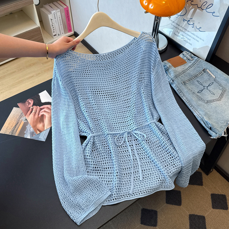 실사 빅 사이즈 외국 가스 슬림해 보이는 새로운 고급 센스 패션 연령 감소 루즈핏 홀로우 아웃 긴팔 니트 허리 수축 맨위 여성