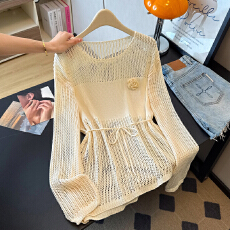 批发实拍大码温柔立体花朵镂空透视感针织<b class='q'>夏</b>季防晒不规则系带收腰上衣