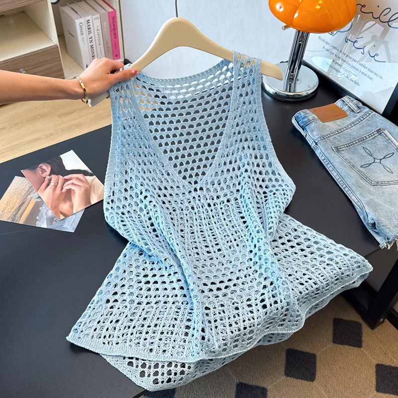 실사 빅 사이즈 얇은 스타일 홀로우 아웃 니트 조끼 느긋한 외국 가스 연령 감소 슬림해 보이는 다용도 스택 착용 베스트