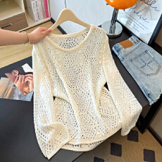 批发实拍大码温柔风镂空勾花洋气慵懒漂亮针织百搭夏装胖MM显瘦上衣女