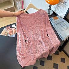 批发实拍大码薄款镂空勾花透视感洋气慵懒针织上衣系带收腰防晒罩衫女