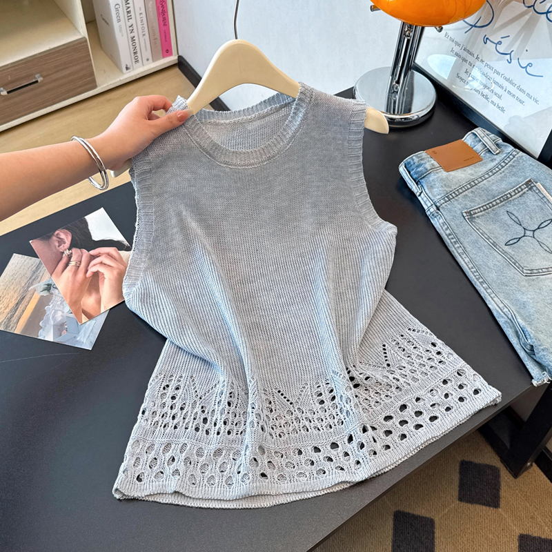 실사 빅 사이즈 외국 가스 얇은 스타일 밑단 홀로우 아웃 니트 조끼 패션 슬림해 보이는 연령 감소 다용도 맨위 여성