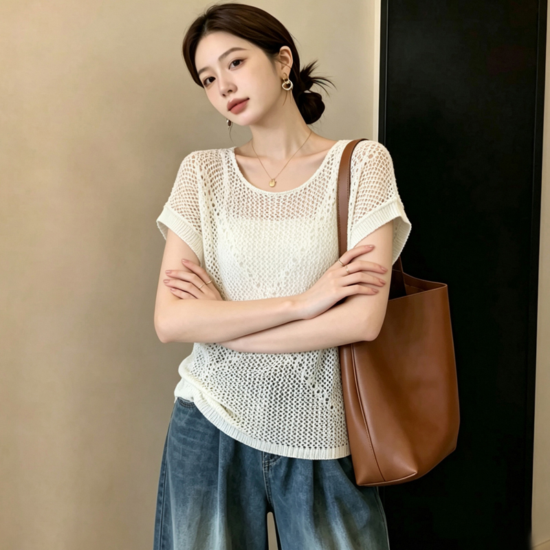 실사 빅 사이즈 지방 mm 부드러운 바람 홀로우 아웃 디자인 마이크로 ~을 통해 편안함 니트 스웨터 슈퍼 잘 생긴 연령 감소 슬림해 보이는 맨위 여성