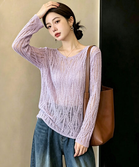 실사 빅 사이즈 이른 가을 외국 가스 홀로우 아웃 자수 시스루 센스 슬림해 보이는 달콤함 니트 다용도 지방 mm 긴팔 맨위 여성