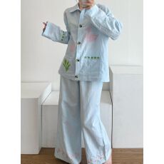 批发小叮当睡衣女春秋云朵棉刺绣方领长袖长裤休闲家居服套装