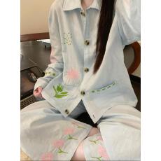 批发小叮当睡衣女春秋云朵棉刺绣方领长袖长裤休闲家居服套装