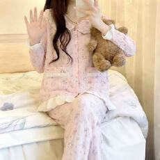 小叮当夏季韩版拉架仿棉短袖睡衣女士开衫可爱休闲家居服