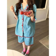 小叮当云朵棉碎花短袖短裤睡衣女春秋甜美开衫居家服外穿套装
